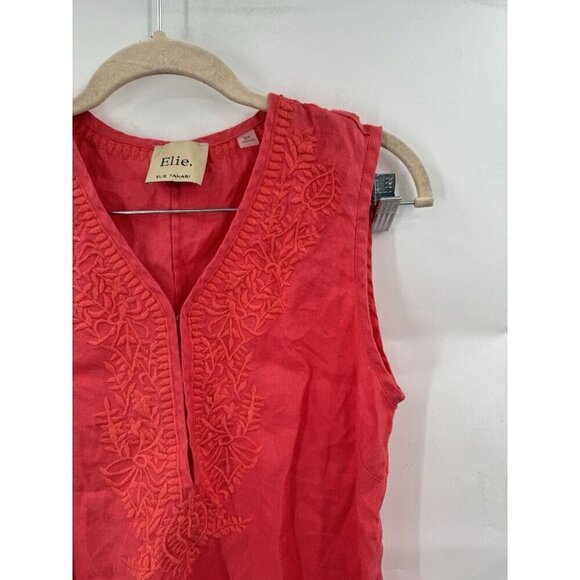 Elie Tahari Blouse Women Small Coral 100% Linen Embroidered Minimalist Coastal - Picture 8 of 9